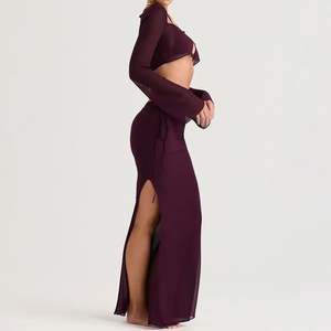 Source Factory ODM Elegant Prune Cutout <b>Maxi</b> <b>Tulle</b> <b>Skirt</b> Dropped Waist Ladies Party Summer Purple Sexy Two Piece <b>Skirt</b> Set - Product Image 3