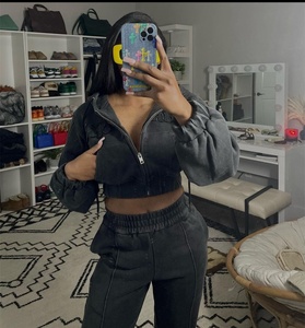 Ky Femme quần nâu đau khổ axit rửa cắt hoodie rửa Boxy Hoodie và chạy bộ đồ thể thao - Product Image 4