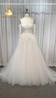 Robe de mariée Aurtertx Bride WD209 à manches longues, en dentelle, avec appliques florales 3D, dos nu, coupe trapèze en tulle, traîne chapelle, romantique