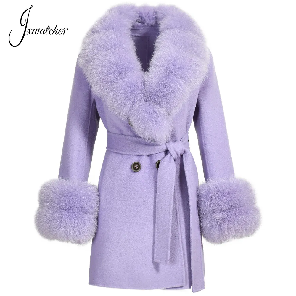 Wholesale Ladies Short Cashmere Wool Blend Belt Coat With Real Fox Fur Collar And Cuffs Custom Women Wool Cashmere Coat