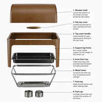 KUNTAI Réchaud de buffet rectangulaire de luxe en acier inoxydable martelé couleur bois, alimenté à l'alcool, 9L, hydraulique, A++ Énergie