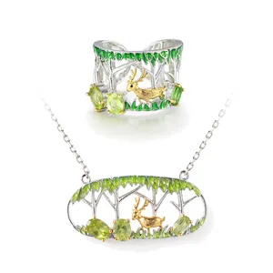 Light Jewelry C8186 Fine Jewelry Cheap Oval Cut 4X6mm Natural Peridot Deer Womens Ring 925 Sterling Silver Jewelry Set