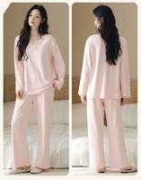 Ensemble de pyjama pour femmes en coton 100% fabriqué en Chine, col en V, manches longues, pantalon, vêtements de nuit, taille élastique, confortable pour dormir