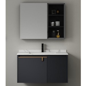 Mueble de baño de cerámica gris con espejo y gabinete, estilo moderno de lujo ligero para hotel - Product Image 3