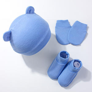 Topi janin baru lahir, sarung tangan Anti gores dan penutup kaki tiga buah Set topi telinga beruang bayi baru lahir kombinasi - Product Image 6