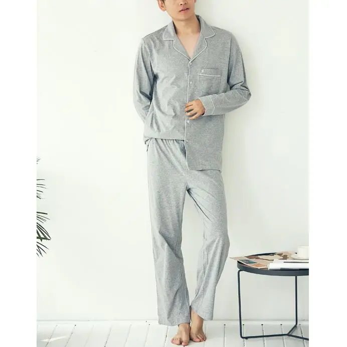 Men Cotton Contrast Trim Long Pajama Set