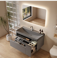 Ensemble de meuble-lavabo de salle de bain avec vasque intégrée en pierre dorée, panier extractible et armoire miroir intelligente, style japonais