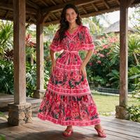 Gaun Maxi Motif Bunga V-Neck Boho Musim Panas dengan Lengan Mengembang, Renda, Berlapis, dan Berikat Pinggang untuk Liburan Santai