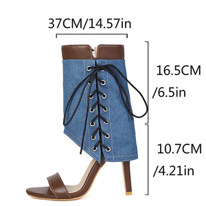 Women Side Lace up Summer Short Booties Single Band Zipper Ankle Boots Thin High Heels Sandals Big Size 48 Denim Overlay <b>Shoes</b> - Product Image 6