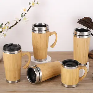 Wholesale Custom Logo Bamboo Flask Thermoses Reusable Coffee Cup Bamboo Water Bottle With Stainless Steel Bamboo Cup Tea Mug