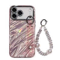 Nouvelle coque de téléphone électroplaquée avec support de poignet en fil de plume et bracelet de perles pour iPhone 17 Pro Max, 18 Pro Max, 16