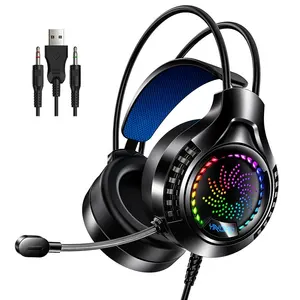 Q7 Headset komputer berkabel profesional, Headphone game dengan MIK suara HD Bass Stereo warna-warni lampu atas USB