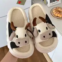 Slippers Women EVA Sole Open Toe Thick Sole Cute Animal Cartoon Cow Slippers High Quality Indoor Home House Cotton Linen Slippers