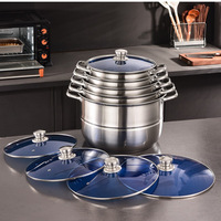 Lot de 6 casseroles en acier inoxydable, ensemble de marmites à vapeur double couche épaissies avec doubles poignées et couvercle en verre trempé