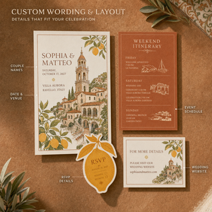 Juego de Invitaciones de Boda Estilo Costa Italiana Vintage, Ilustraciones de Pueblo y Limón, Itinerario Impreso Personalizado y Tarjetas RSVP con Formas Únicas - Product Image 5