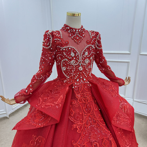 Robe de demoiselle d'honneur de luxe Wn1796, rouge, à fleurs, avec dentelle perlée, col haut, robe de bal de princesse, longueur au sol, 100% polyester, pour mariage ou fête d'enfants - Product Image 3