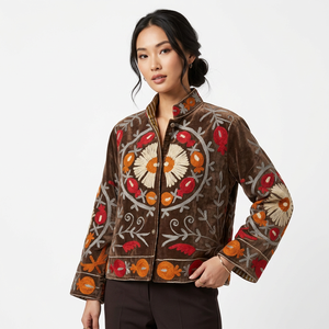 Pink Suzani Embroidered Knitted Velvet Quilted Reversible Bomber <b>Jacket</b> Eco-Friendly Cotton Linen Wool Vintage <b>Hippie</b> Style - Product Image 1