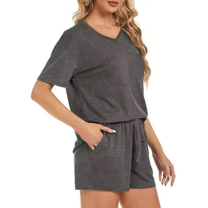 Conjunto de 2 Piezas para Mujer, Color Claro, Poliéster y Algodón, 280gsm, Cuello en V, Manga Corta, Corte Holgado, Color Sólido, Tejido de Punto, Casual - Product Image 5