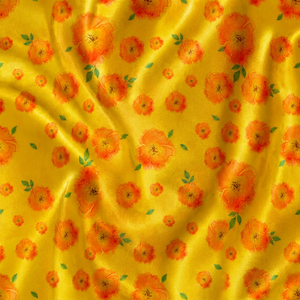 Tela de Lino Dorada con Diseño Floral Impreso Digitalmente en Acuarela, Motivo de Flores Amarillas y Naranjas, Tejido Transparente de Lujo - Product Image 5