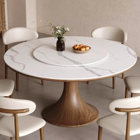 Mesa de Comedor Redonda de Piedra Sinterizada de Lujo con Base Giratoria, Pedestal de Madera Resistente a los Arañazos para Comedor