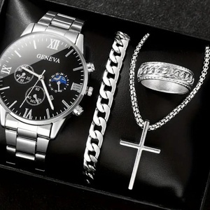 Stainless Steel Band Roman Scale Three-Eye Calendar Business Bracelet Cross Necklace Glass Dial No Box Men's Luxury Quartz <b>Watch</b> - Product Image 1
