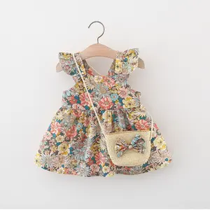 Summer New Baby Girl Full-body Printed Princess Dress With Bag Small Children Clothing Flying Sleeve Dress