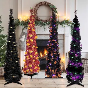 5 'sottile nero porpora Tinsel Pop-Up artificiale pieghevole alberi di Natale di Halloween con accenti di paillettes per gli appartamenti