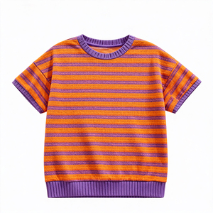 2025 garçons Orange <span class=keywords><strong>violet</strong></span> rayé à manches courtes haut en tricot audacieux couleur bloc côtelé col rond décontracté tenue quotidienne <span class=keywords><strong>sweat</strong></span> - Product Image 1