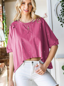 Couleur unie coton femmes demi-manches Western ourlet asymétrique Vintage col rond surmonté trous amples respirant court t-shirt - Product Image 4