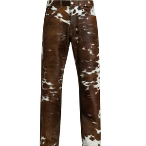 Pantalones de Cuero Genuino con Estampado de Piel de Vaca Marrón y Blanca, Corte Recto, Estilo Occidental, Casual, para Hombre, Fabricante - Product Image 1