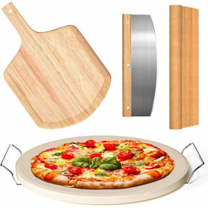 Juego de 5 piedras redondas para pizza, piedra para hornear pizza de 13 pulgadas para horno y parrilla con pala para pizza (OAK), rejilla para servir, cortador de pizza - Product Image 1