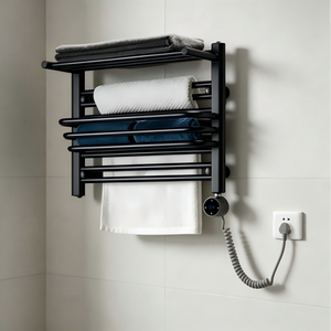Calentador de Toallas Eléctrico Negro con Control de Temperatura, <span class=keywords><strong>Toallero</strong></span> Calefactado de Pared con Estante de Almacenamiento, Ideal para Apartamentos - Product Image 3