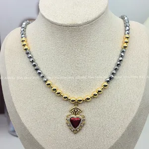 Wholesale Fashion Cute Heart Charm Pendant Diamond Paved Chain Adjustable Choker Gold Beaded Necklace Jewelry For Women Men