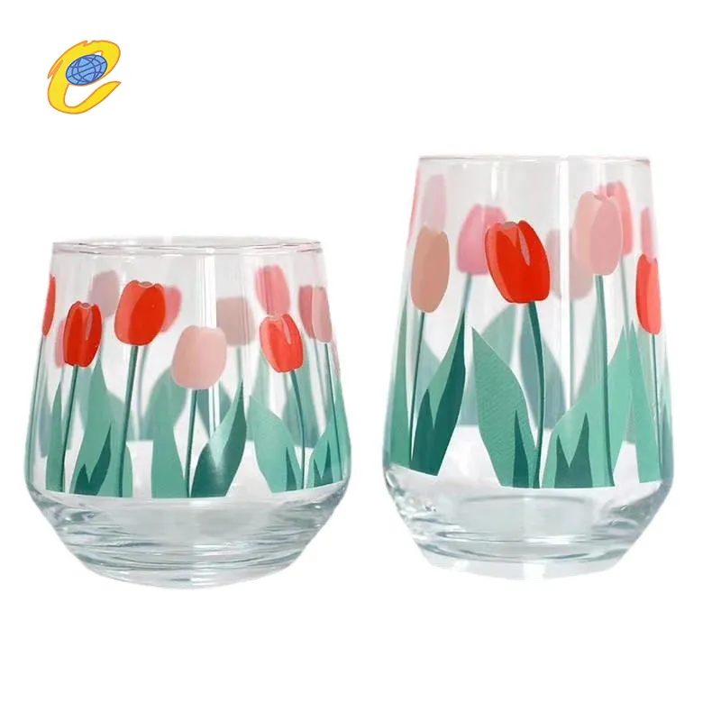 Wholesale Countryside Elegant Tulip Printed Glass Cup For Tea Juice Milk Drinking