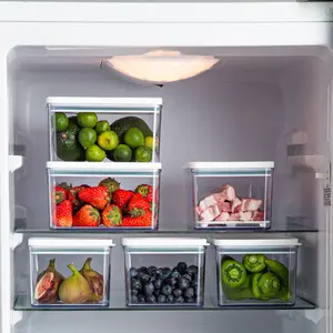 Recipiente acrílico transparente para alimentos, recipiente de plástico para armazenamento de alimentos, geladeira, freezer, caixa com placa de drenagem, cesto transparente para cozinha