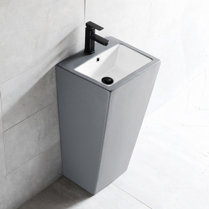 Lavabo de Cerámica Gris con Pedestal, Rectangular, de un Solo Orificio, para Colocar en el Suelo, con Acabado Liso - Product Image 3