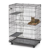 Parc de jeu pliable en métal pour chat d'intérieur avec roues verrouillables, 3 plateformes, plateau amovible et lit en peluche pour 1 à 3 chats