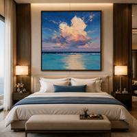 Tableau mural en toile Paysage marin bleu avec nuages rêveux et océan, artisanat en bois, option de suspension pour la décoration de villas, hôtels et complexes de luxe