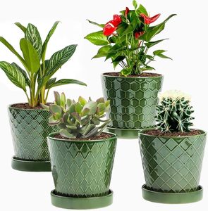 Pots de jardin, jardinières en céramique avec trou de drainage et plateau en céramique, décoration pour la maison, le rebord de fenêtre, cadeau - Product Image 1