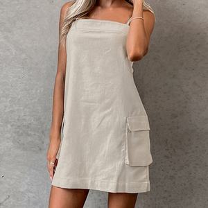 Nouvelle Robe Mini Décontractée pour Femme en Lin 100% Style Européen, à Bretelles, Volants, Taille Naturelle, Motif Uni, Tissée - Product Image 1