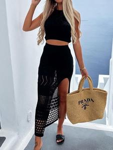 Nuevo estilo de punto de Color sólido camiseta sin mangas textura hendidura vestido señoras playa protector solar vestido traje ahueca hacia fuera ropa de playa cubrir - Product Image 3