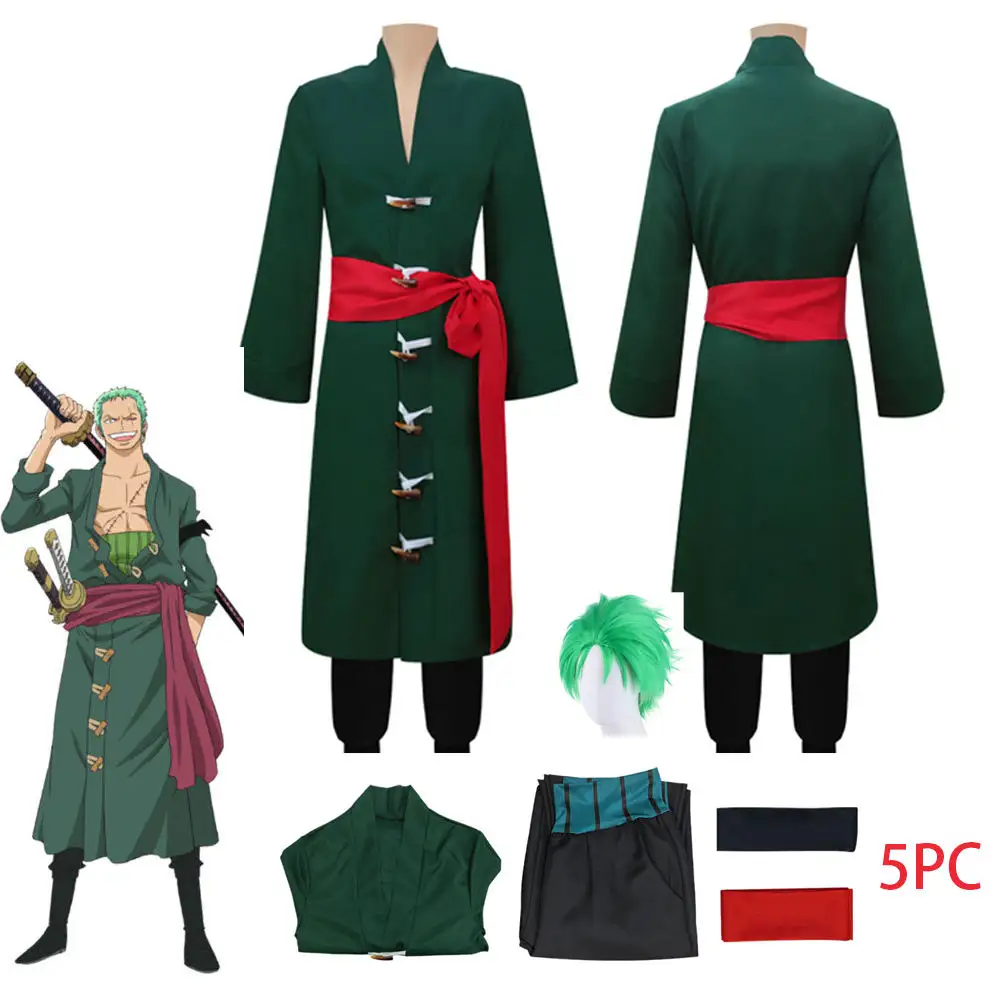 Anime Cosplay Roronoa Zoro Costume adulte vert foncé Trench pantalon ceinture perruque Halloween hommes vêtements ensemble complet