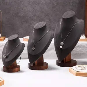 High Quality Walnut Wooden Jewelry Necklace Bracelet Pendant Display Stand Stock Wholesale Showcase Velvet Leather Cover
