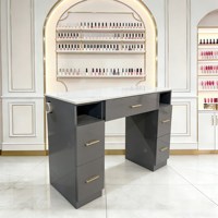 Table de manucure professionnelle de luxe en bois avec plateau en marbre et tiroirs pour salon de manucure, design 3D, mobilier de salon