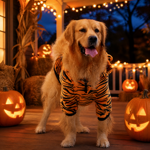 Costume de chien à rayures de tigre, sweat à capuche avec oreilles et queue, manteau chaud en polaire pour grands chiens, vêtements pour animaux de compagnie, fête d'Halloween, Noël, imprimé tigre - Product Image 6