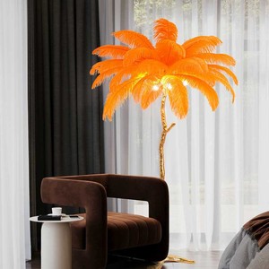 Lámpara de Pie Decorativa para Hotel, Estilo Avestruz Gris, <span class=keywords><strong>Lucas</strong></span>, Ratán, Palmera, Resina, Oro, Cobre, Plumas de Avestruz - Product Image 2