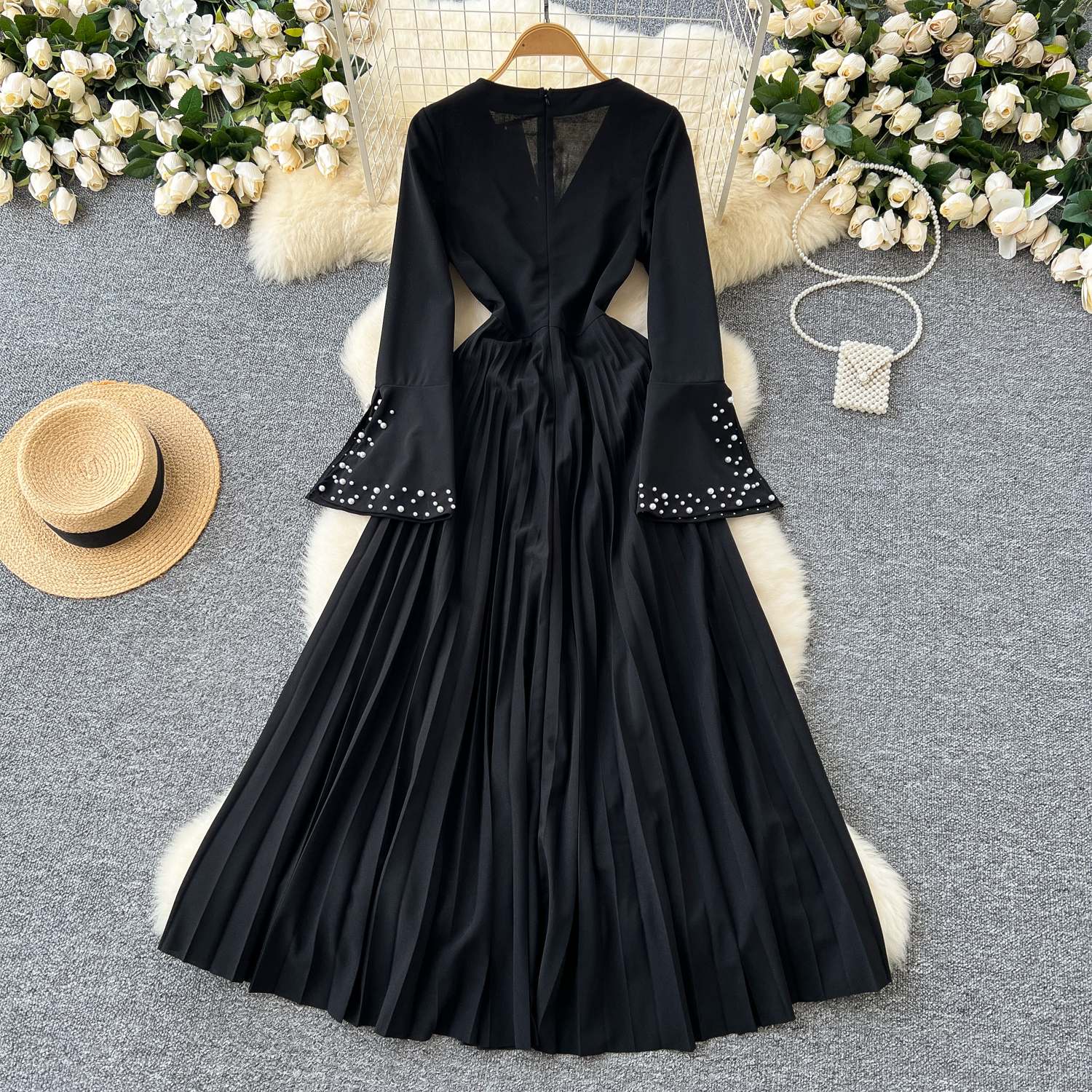 Plus Size Elegant Tunic Pleated for Women Flare Sleeve Empire Patchwork  Beaded Lace Dress Black| Alibaba.com