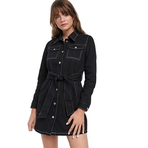 Giacca a bottone con colletto a punta a forma di bottone cravatta in vita con cuciture a contrasto con tasche funzionanti Mini camicia con cintura in Denim abito da donna - Product Image 1