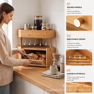 Boîte à pain en bambou d'angle avec panier à fruits 2 en 1, rangement de cuisine multi-niveaux en bambou pour pain et fruits - Product Image 2