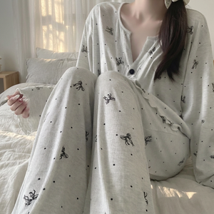 Conjunto de Pijama Acanalado para Mujer, Manga Larga, Ropa de Estar por Casa, Abotonado, Estampado de Puntos y Lazos, Largo Completo, Ropa de Dormir de Bambú - Product Image 6